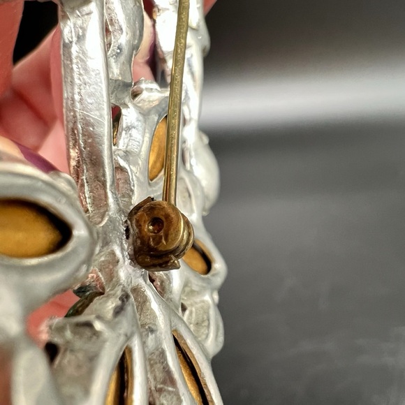 1930s Art Deco Czech Glass Pot Metal Flower Brooch Pin Foil Back Huge Nice Green - Picture 12 of 16